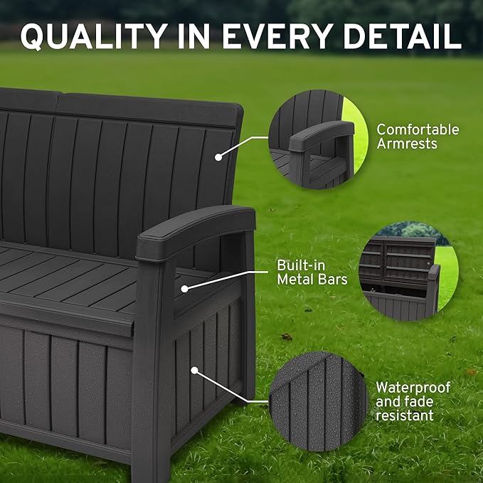 EconoHome 3 Seat Outdoor Storage Bench with Rain Cover - 90 Gallon Capacity - Weatherproof Resin Bench for Patio, Porch, Garden, Yard, Pool Area - Furniture for Pool Accessories, Gardening Tools