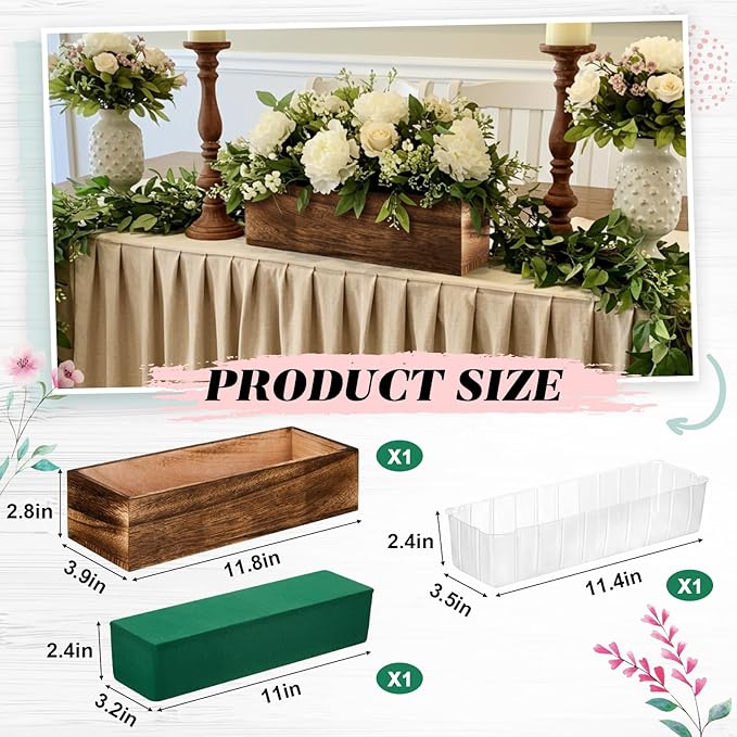Dandat 1 Set Wood Boxes for Centerpieces Rectangle Wooden Planter Box Rustic Wood Planter with Removable Plastic Liner Floral Foam Blocks for Centerpieces Home Wedding Garden Decor (12x4 Inch)
