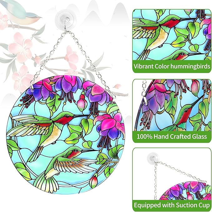 Hummingbird Suncatcher Stained Glass - Hummingbird Gifts for Women, Birds Suncatchers for Windows - Birds Window Hangings with Chain and Hook, 6 inch Stained Glass Suncatcher for Mom