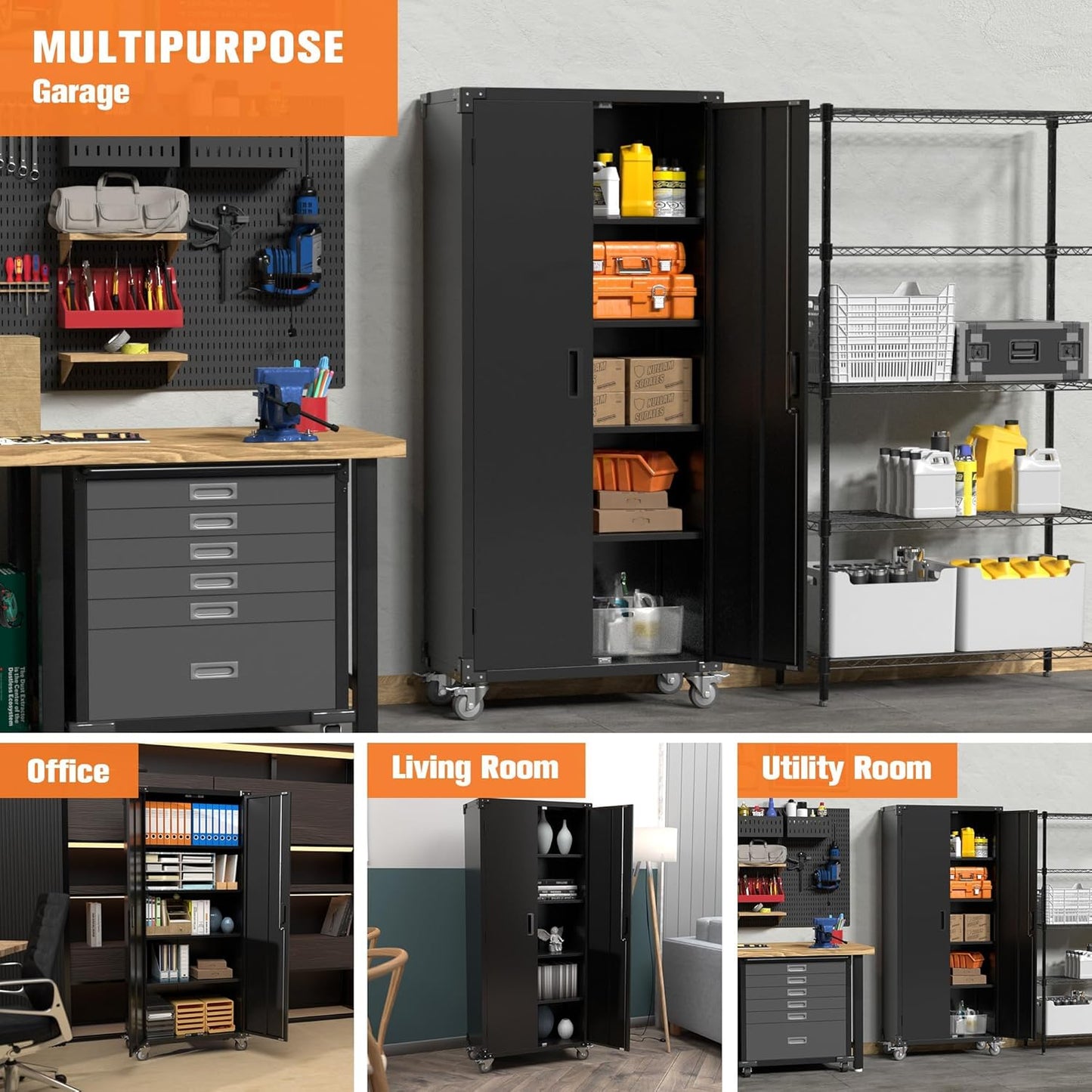 72" H Metal Storage Cabinet with 2 Doors and 4 Adjustable Shelves, Garage Storage Cabinet with Wheels for Garage Home, Required-Assembly,Black