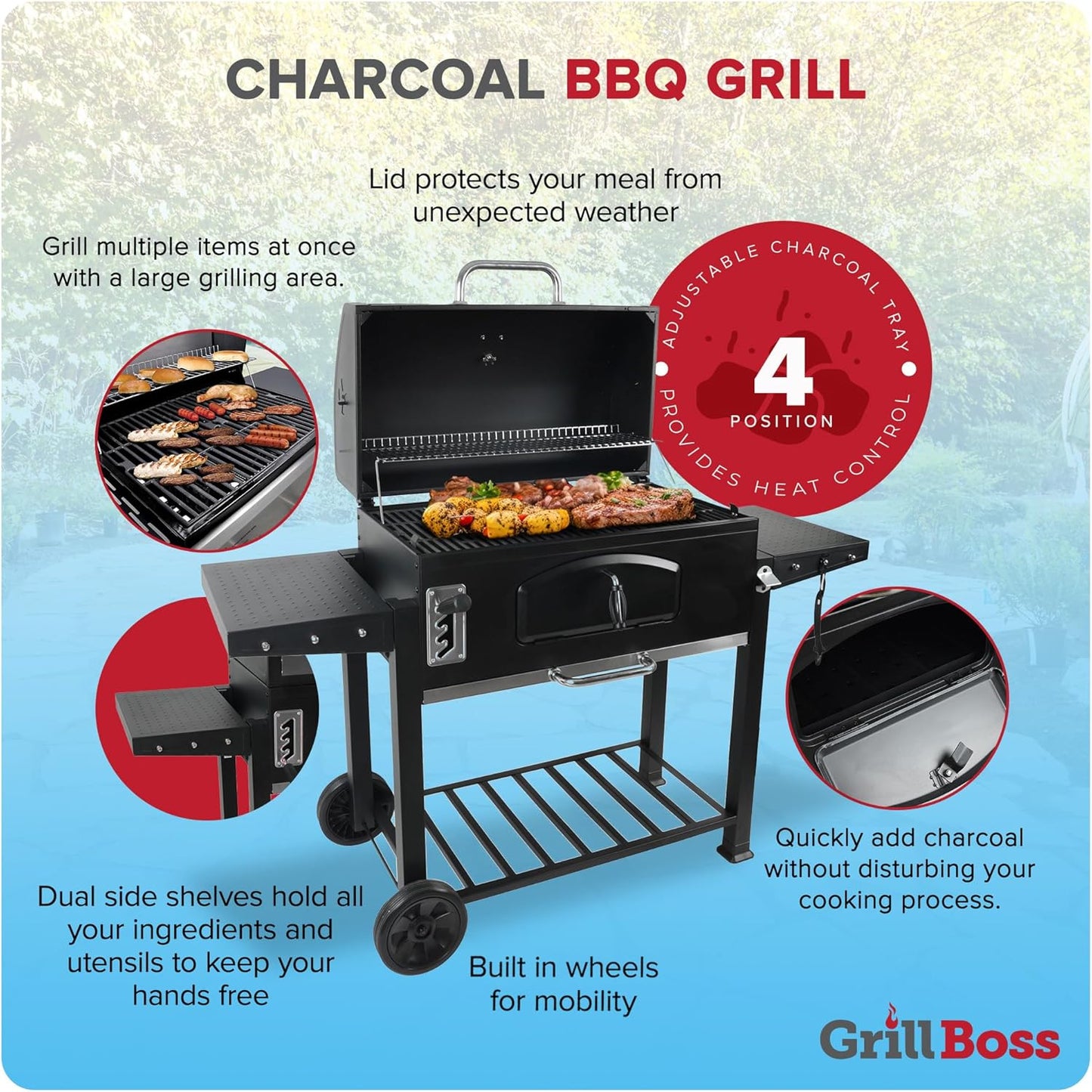 Grill Boss Charcoal Grill with Large 32-Inch Cooking Area - Includes Warming Rack, Side Shelves, Bottom Storage and Wheels for Outdoor BBQ, Tailgating, Camping & Backyard Grilling