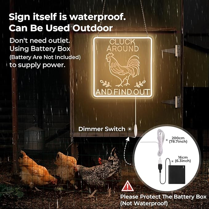 Funny Cluck Around and Find Out Large Neon Sign Dimmable, Rooster Decor 16 X 16 Inch Kitchen Decor for Farmhouse, Chicken Coop, Garden, Farm House Decoration, Rooster Gifts