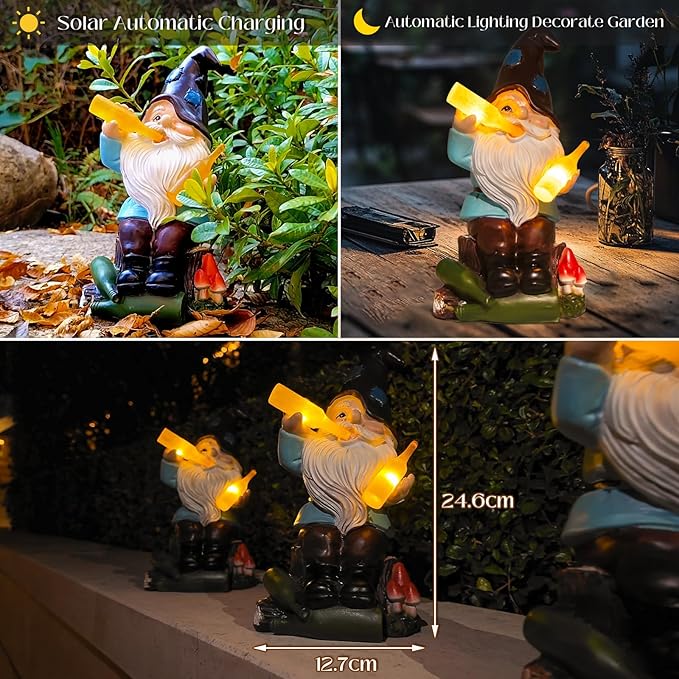 DKJOCKY Funny Garden Gnomes Outdoor, Solar Gnomes with Led Lights Decor for Outside, Gardening Gifts Garden Oranments Outdoor Birthday Gifts for Women Mom Grandma