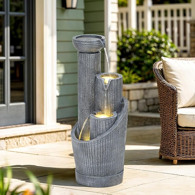 31" Modern Outdoor Water Fountain with LED Lights, 5-Tier Twist Pedestal Bowl Garden Fountain, Cascading Waterfall for Relaxing Garden, Patio, Backyard, Deck, Porch or Home Decor