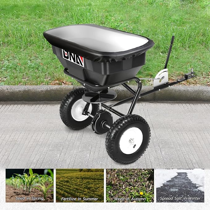 DNA MOTORING Tow Behind Broadcast Spreader, 125 LB / 60L Capacity, Multi Use Tool for Fertilizer, Grass Seed, Salt, Ice Melt, Lawn and Garden Seeder, with Wheels, with Wheels, TOOLS-00612