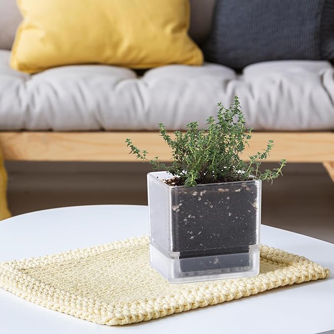 4 Inch Herb Planter Pot, Plastic Planter with Drainage Holes and Saucer, Modern Decorative Gardening Pot for Indoor Plants, Flowers, Herbs, Succulents, Clear, Set of 4, 76-Y-D-4