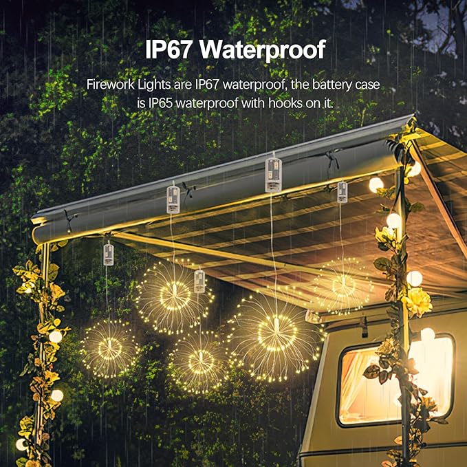 Firework Lights, 8 Pack LED Copper Wire Fireworks Lights Fairy Lights Christmas Fireworks Hanging Dimmable String 8 Modes Waterproof with Remote Control for Christmas Wedding Garden