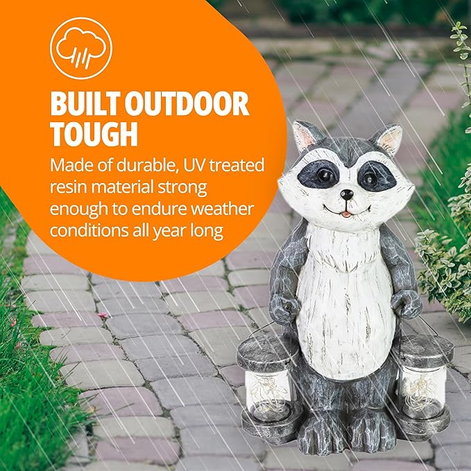 Exhart Garden Sculpture, Raccoon Solar Garden Statue with 2 Jars, 16 LED Firefly Lights, Outdoor Garden Decoration, 7.5 x 9 x 10.5 Inch