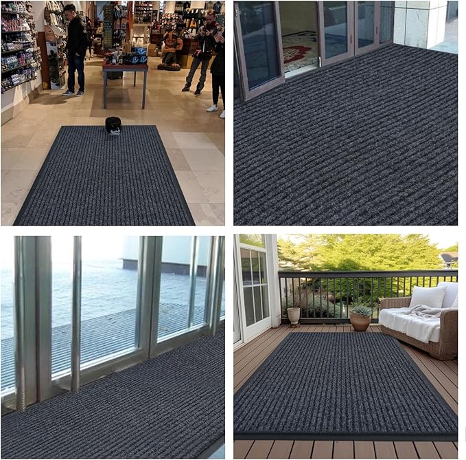 fani Heavy Duty Large Outdoor Indoor Entrance Black Doormat Waterproof Low Profile Entrance Rug Front Door Mat Patio Anti-Skid Rubber Back, 48x120 inch (Gray)
