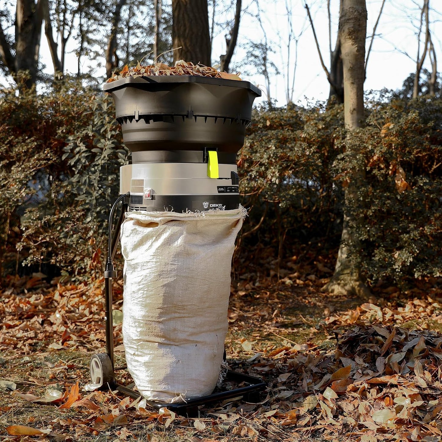 Electric Leaf Mulcher/Shredder: DEKOPRO 13-Amp 8200RPM Motor for 17:1 Reduction Ratio, Adjustable Control Dia with Leaf Scoops Spade and 20 Cutting Lines