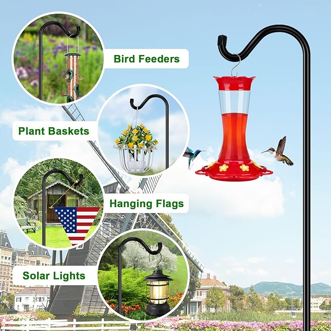 FEED GARDEN [Upgrade Version Adjustable Shepherds Hook Bird Feeder Pole with 7 Prongs Base, 76 Inch Tall Heavy Duty Outdoor Garden Poles for Hanging Bird Feeders, Plant Baskets, Black (1 Pack)