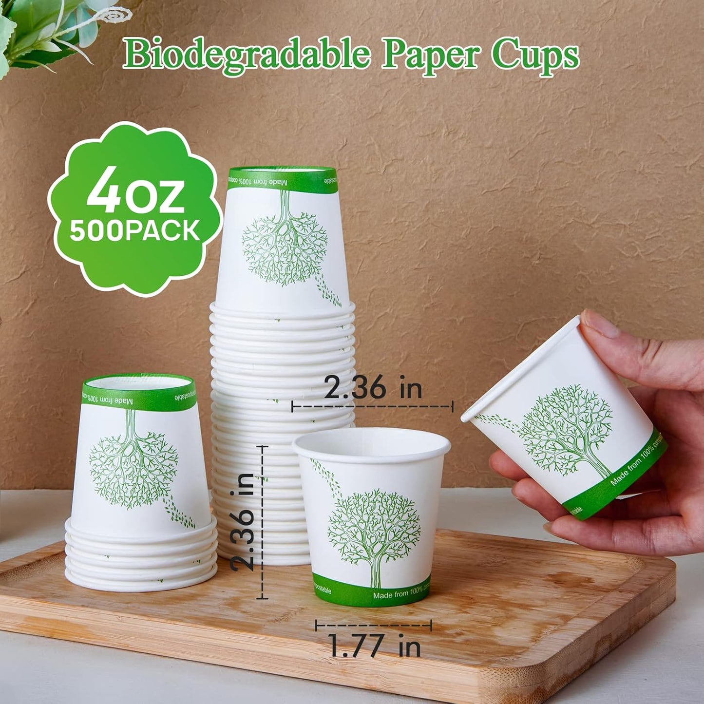 ECOLipak 500 Count Compostable Paper Cups, 4 oz Paper Espresso Coffee Cups with PLA Lined, Disposable Eco-friendly Biodegradable Hot Paper Cups for Party, Picnic,Travel,and Events