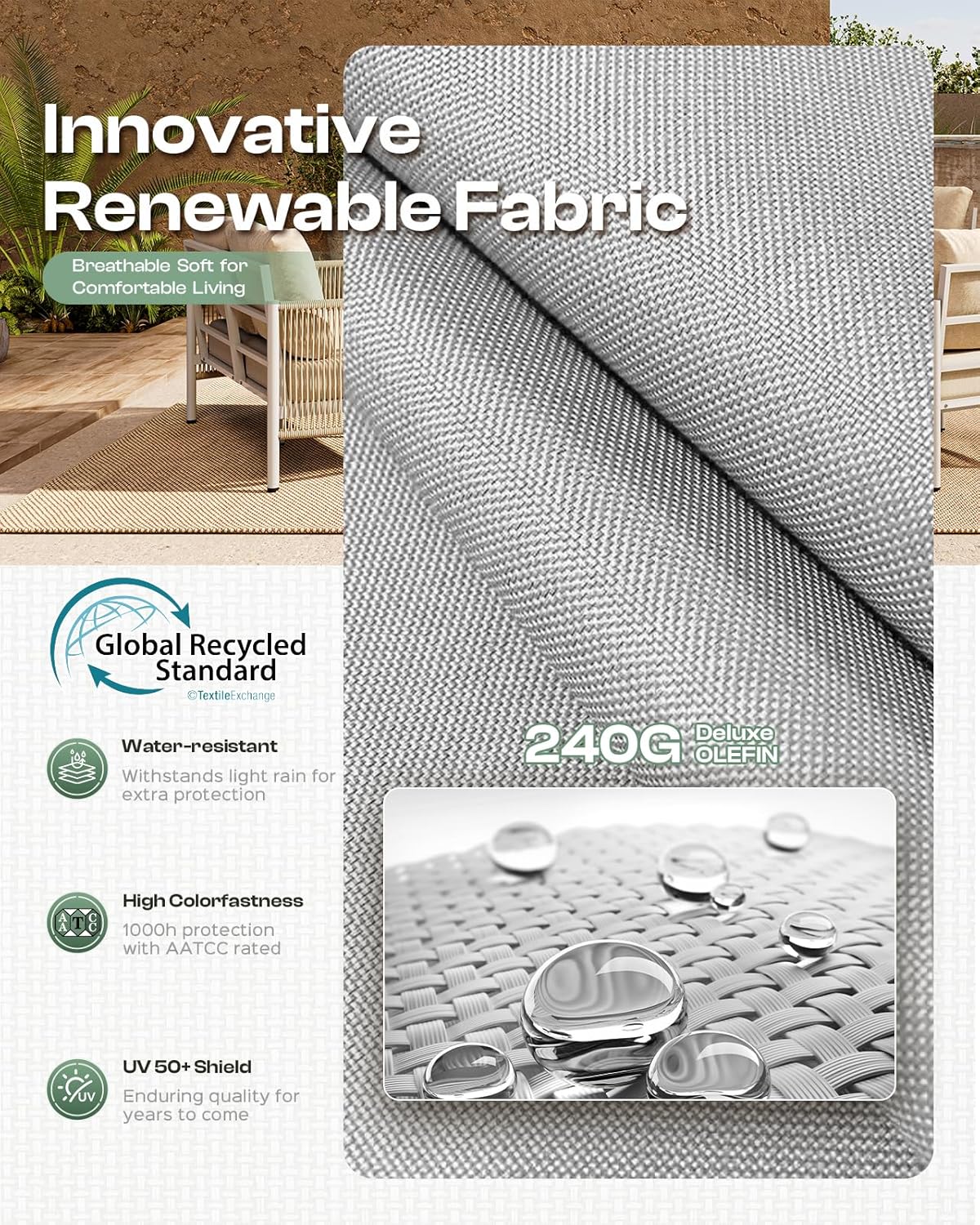 Aluminum Outdoor Patio Couch, 3 Seats HDPE Rope Patio Sofa with Washable Thick Cushion, All-Weather Patio Furniture for Balcony, Yard, White Frame, White