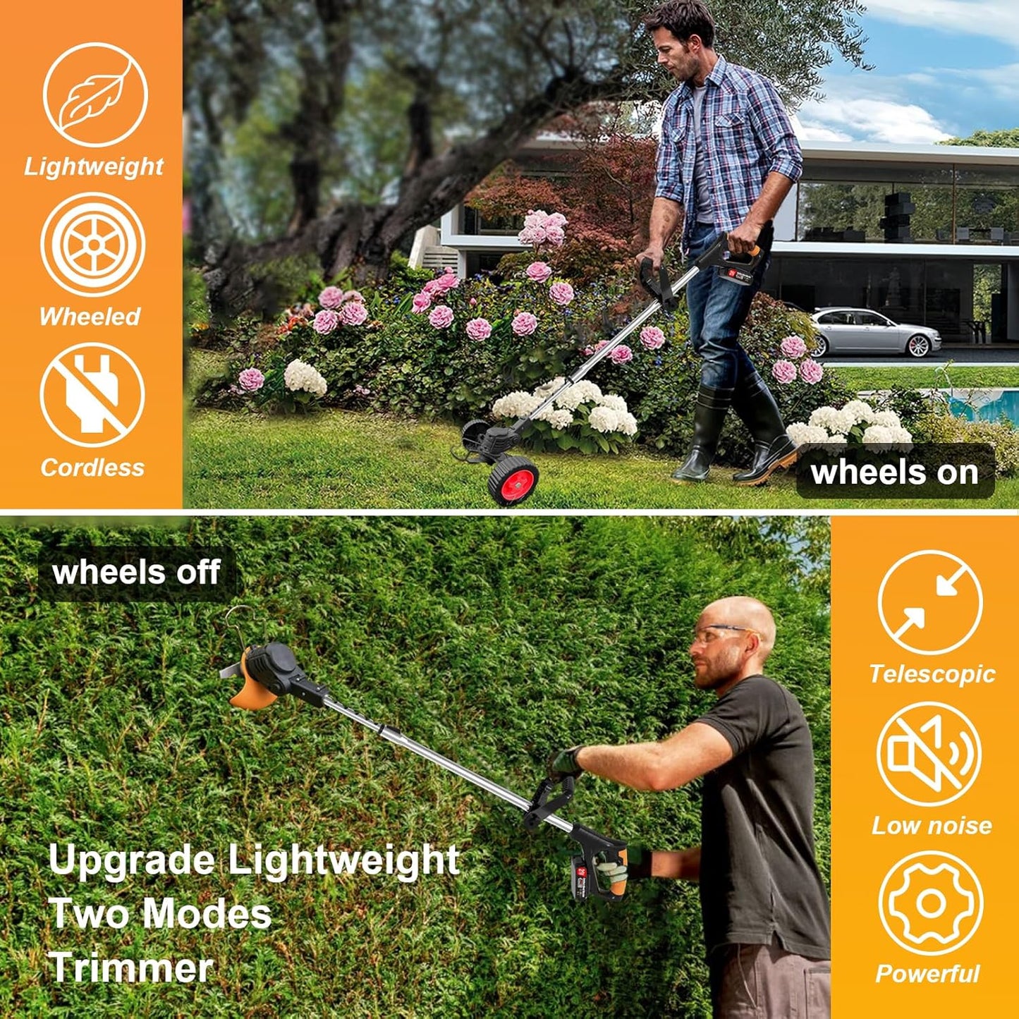 Electric Weed Wacker Eater Cordless Battery Powered, Weed Trimmer 21V Lightweight No-String with 2 Battery Operated & Wheels, 3 in 1 Stringless Grass Trimmer/Edger/Brush Cutter for Garden Yard Lawn
