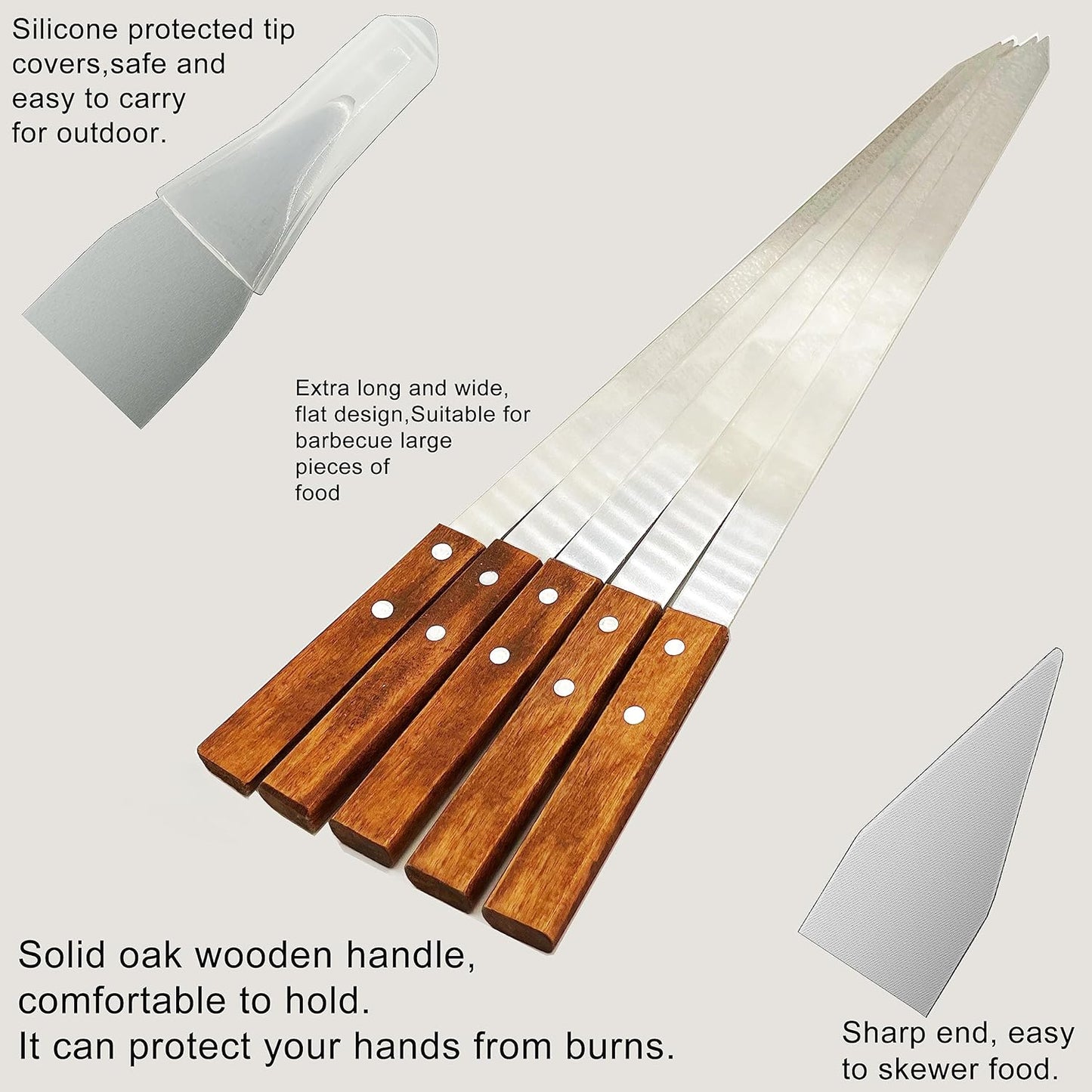 23.6 Inch Long Kabob Skewers,0.91Inch Wide Skewers for Kabobs,Metal Stainless Steel Skewers for Grilling,Extra Large Flat Kebab BBQ Skewers,Barbecue Kabob Sticks with Wood Handle,Set of 7 Kebob
