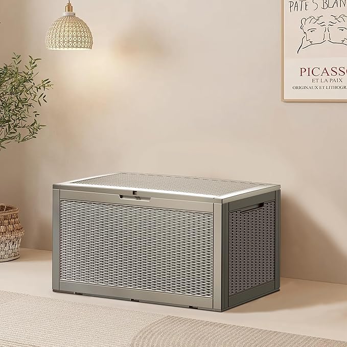 100 Gallon Resin Deck Box, Waterproof Outdoor Storage Bin for Patio Furniture, Pool Accessories, and Garden Tools, Lockable & UV-Resistant, Grey