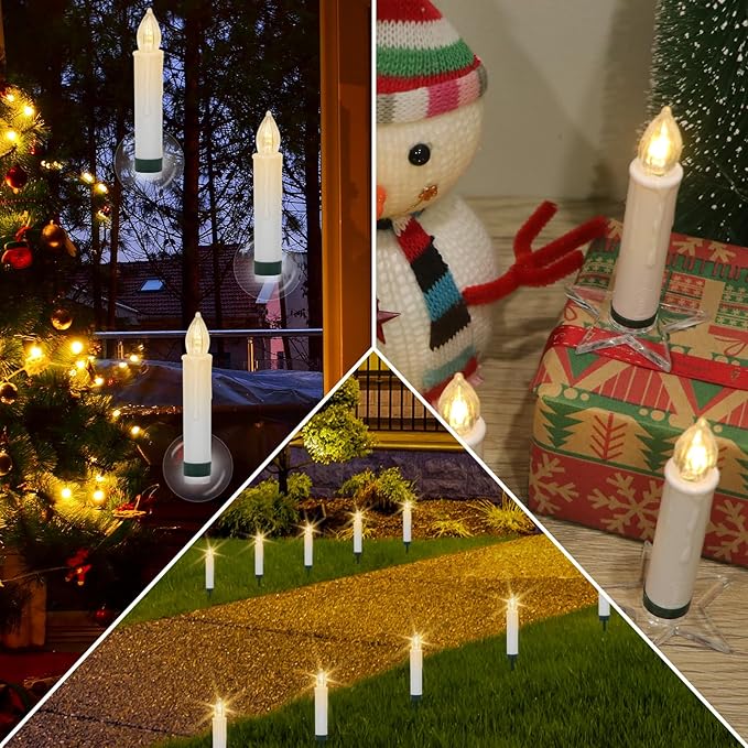 DRomance Christmas Tree Flameless Taper Candle Lights Battery Operated with 10-Key Remote and Timer, 10 Pack Plastic Flickering LED Taper Candles Multi-Using Home Garden Holiday Decor 3.4"