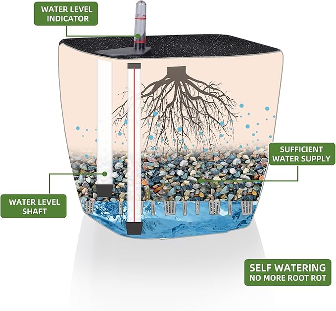 Dexceder 18x17 Self Watering Planter with Wheels Indoor Outdoor, Inner Mat Design, Thickened Large Floor Standing Flower Plant Pot with Water Level Indicator (Stone Matte)