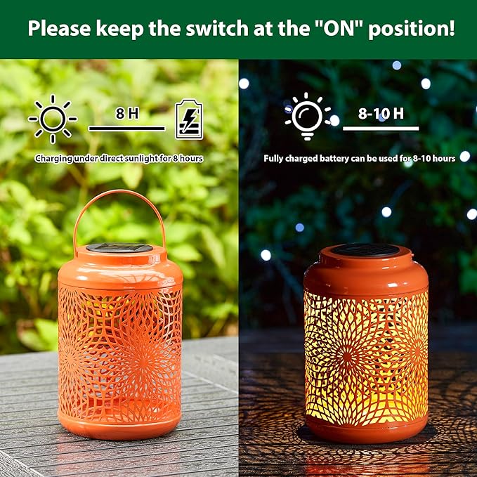 Glitzhome Solar Lantern Orange Metal Cutout Scrollwork Outdoor Hanging Solar Light with Handle for Garden Patio Yard Outdoor Decor