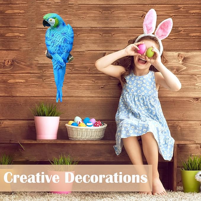 12inch Blue Parrot Tiki Bar Statue for Pool Decorations, Outdoor Parrot Deck Decor, Resin Plastic Parrot Sculpture for Porch, Life Size Tropical Birds for Yard, Tree Faces Animals(Blue)