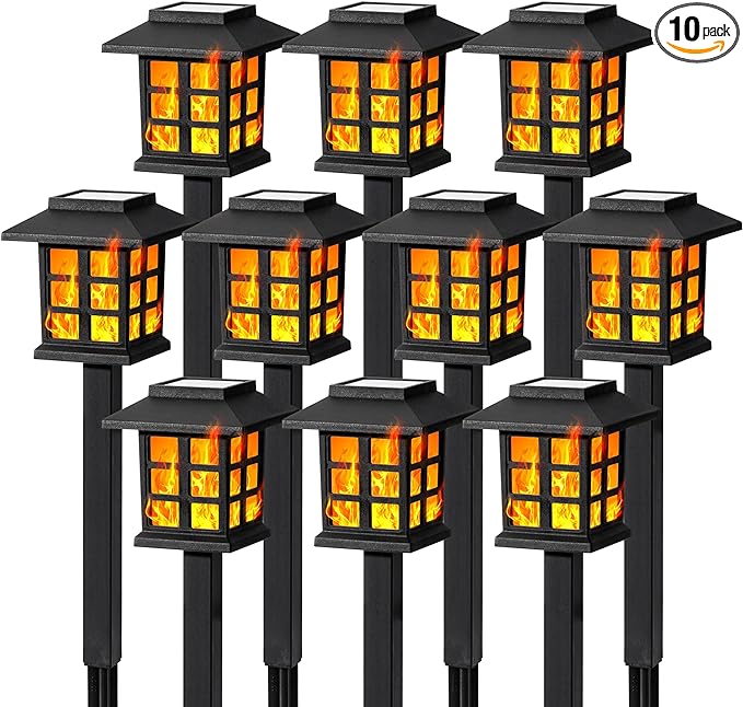 GIGALUMI Solar Lights for Outside,10 Pack Flickering Flame LED Solar Outdoor Lights, Waterproof Solar Garden Lights Maintain 10 Hours of Lighting for Christmas, Garden, Landscape, Path, Yard, Patio