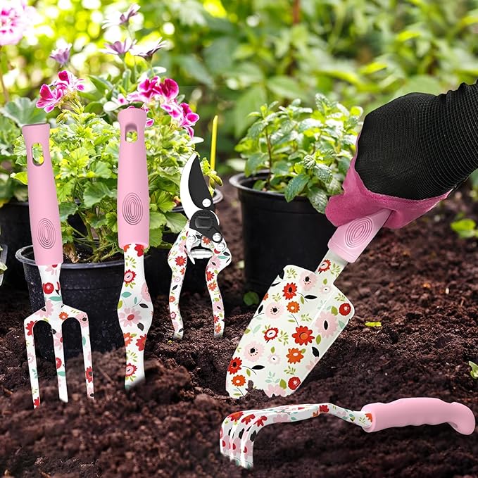Gardening Gifts for Women, MQJIAZHI Gardening Tools for Women, Garden Tool Set, Floral Gardening Hand Tools with Garden Tools Bag, Heavy Duty Gardening Kit Women Gifts for Mom, Girlfriend (Pink)