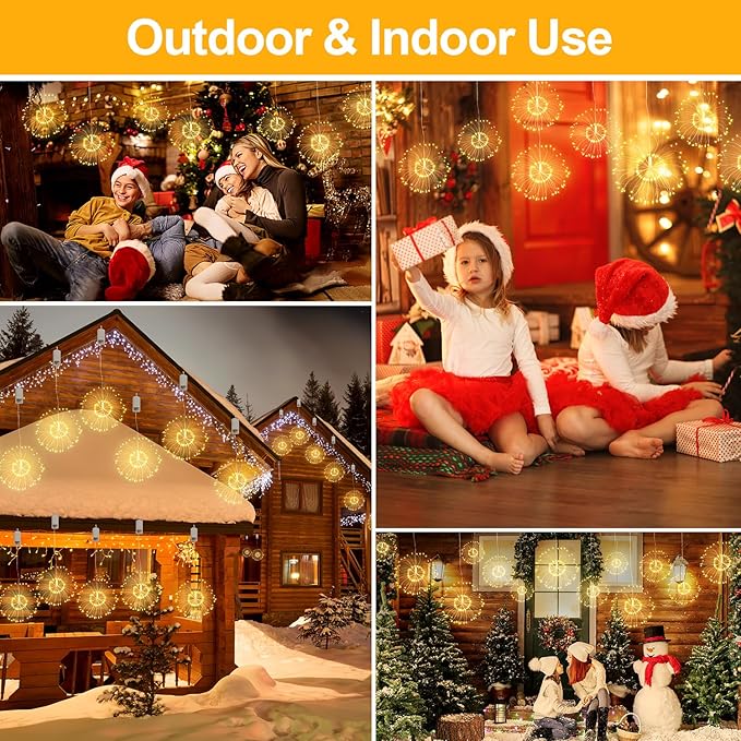 Firework Lights, 8 Pack LED Copper Wire Fireworks Lights Fairy Lights Christmas Fireworks Hanging Dimmable String 8 Modes Waterproof with Remote Control for Christmas Wedding Garden