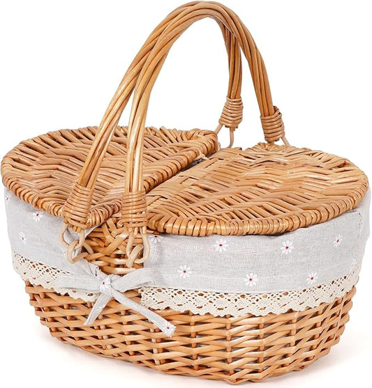 Happypicnic 12" Picnic Basket - Small Wicker Basket with Foldable Handle Lid & Removable Liner | Cute Picnic Basket Toy Empty for Kids, Gift, Halloween, Christmas, Valentines, Easter, Birthday, Flower