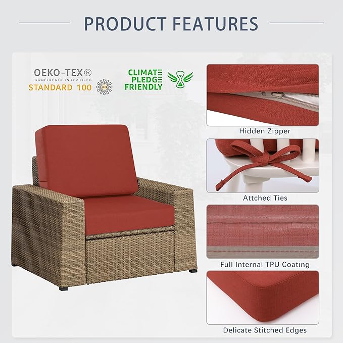 Favoyard Outdoor Deep Seat Cushion Set, 22 x 22 Inch Rainproof & 3-Year Fade Resistant Patio Furniture Cushions, Removable Seat Bottom & Back Cushion covers with Ties for Chair, Sofa, Couch, Red