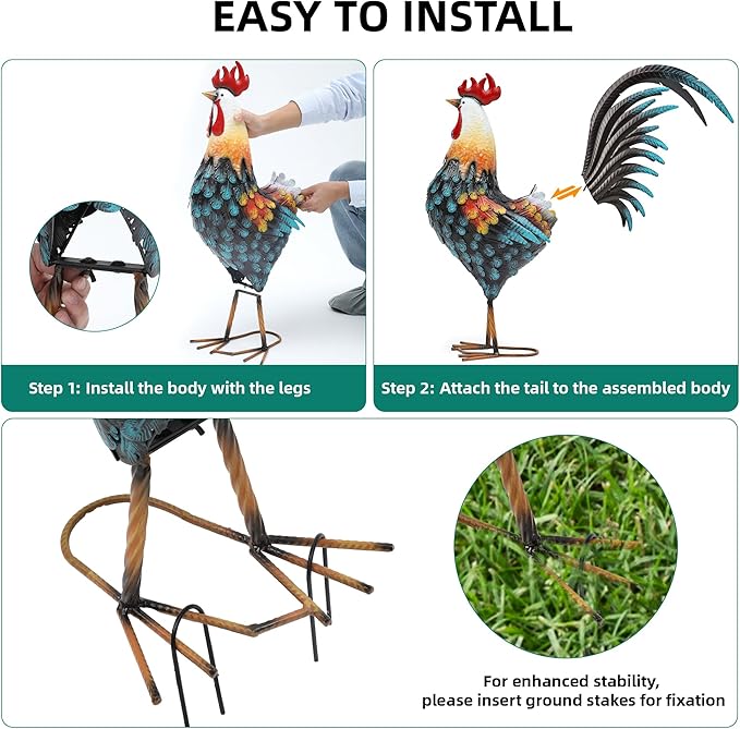 32" Large Metal Rooster Decor, Outdoor Garden Statues, Metal Chicken Sculpture for Backyard Patio Kitchen Decor