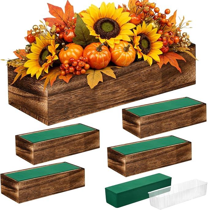 Dandat 5 Set Wood Boxes for Centerpieces Rectangle Wooden Planter Box Rustic Wood Planter with Removable Plastic Liner Floral Foam Blocks for Centerpieces Home Wedding Garden Decor (12x4 Inch)