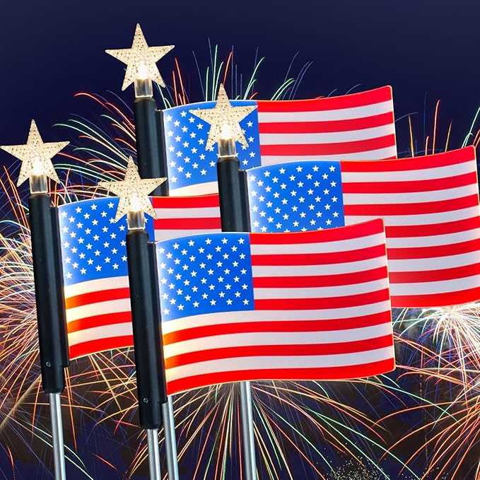Flumy 4 Pack Solar American Flag Lights Outdoor for Garden, Solar Garden Lights for USA Election Yard Decor, Glowing American Flag Lights Suit for Veterans Day Thanksgiving Day Christmas Decoration