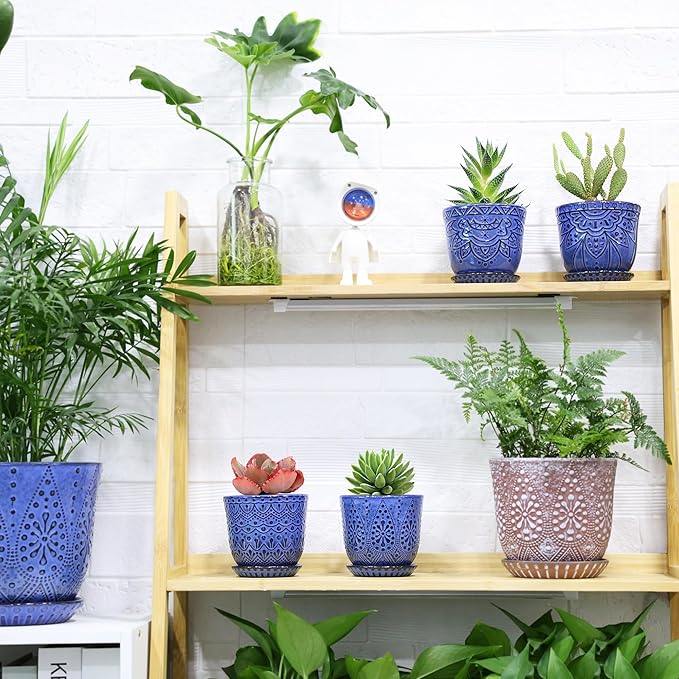 Gepege Succulent Pots, 4 Inch Small Indoor Ceramic Planter Pot with Drainage Holes and Saucers for Plants- Blue - Set of 4