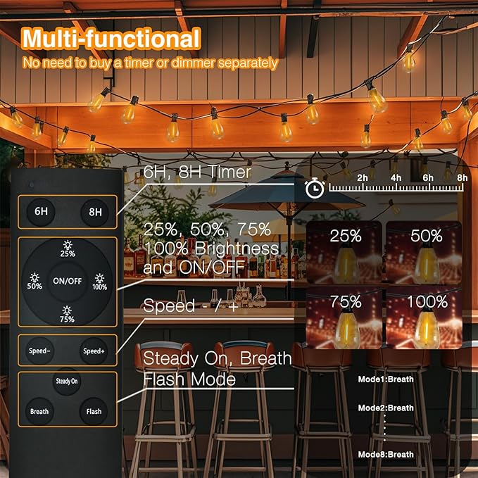 DAYBETTER 100ft Series de Luces solares 50 Bulbs 2700K Warm White Solar String Lights Outdoor Waterproof 5W Solar Panel, 12+ Hours Runtime Luces solares automáticas