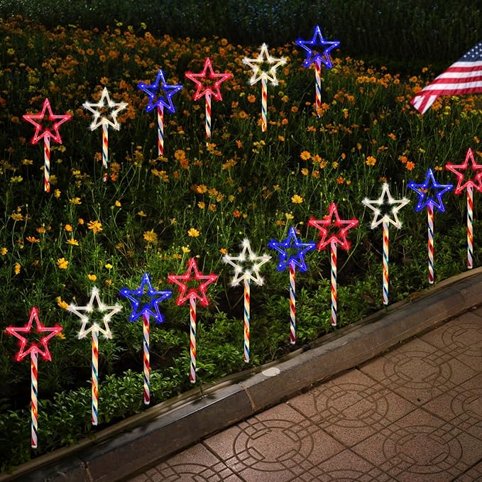 4th of July LED Big Star Pathway Lights Patriotic Lights Outdoor, for Memorial Day Independence Day Any Patriotic Decorations, 8 Mode Remote Control Solar Powered(2 Pack, 180 LED)