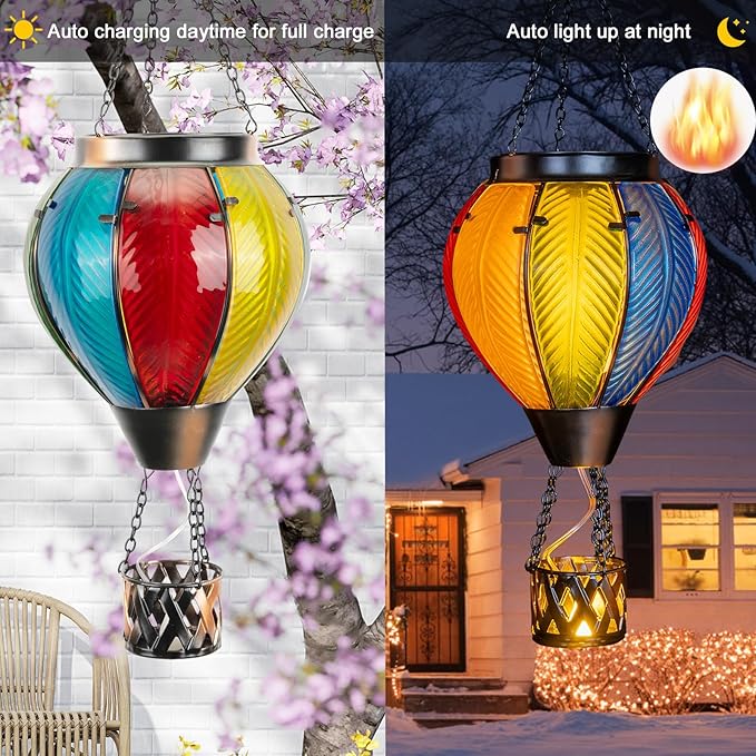 Hot Air Balloon Solar Lantern with Flickering Flame, Hanging Solar Lantern Metal Outdoor Waterproof Lights for Garden Yard Porch Patio Decorations Christmas Gifts (Multi-Colored Glass)
