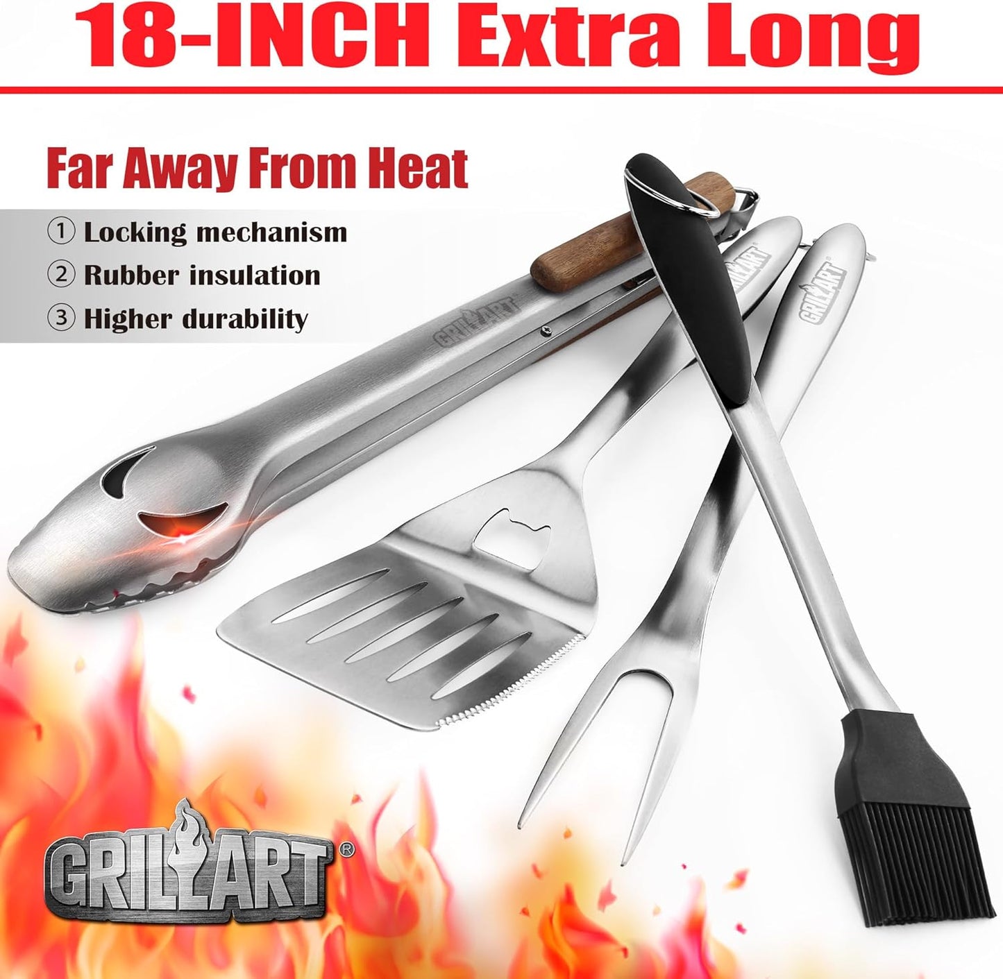 GRILLART BBQ Tools Grill Tools Set -18Inch Grilling Tools BBQ Set - Grill Accessories w/BBQ Tongs, Spatula, Fork, Brush- Stainless Grill Kit Grilling Set - Gift Ideas BBQ Accessories Gifts for Men Dad