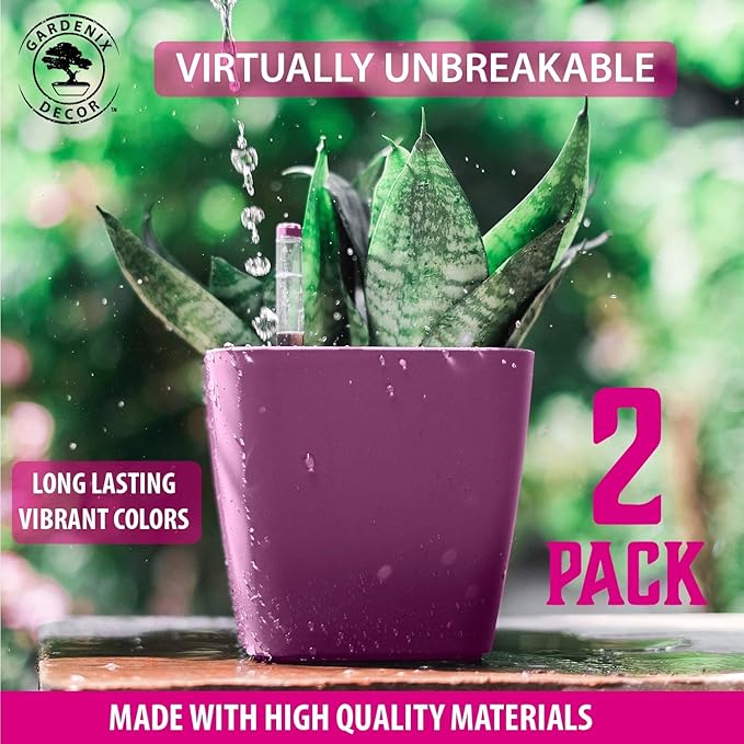 5" Self Watering pots for Indoor Plants - Flower Pot with Water Level Indicator for Plants, Grow Tracking Tool - Self Watering Planter Plant Pot – 2 Pack Purple