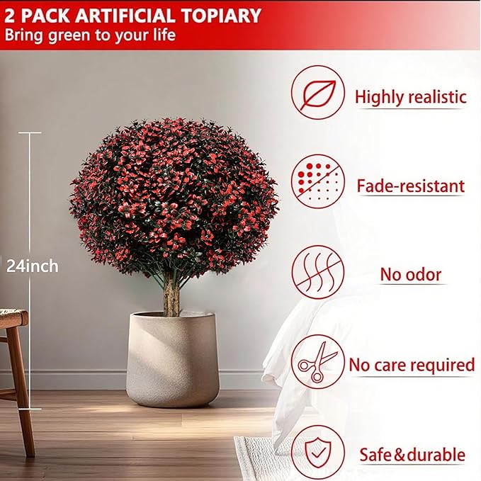 Fall Artificial Topiary Ball Boxwood Tree Outdoor with Spike,Set of 2 Large Faux Shrubs Bushes for Outdoor Planter,UV Resistant Autumn Fake Boxwood Plants for Potted Porch Indoor 24"