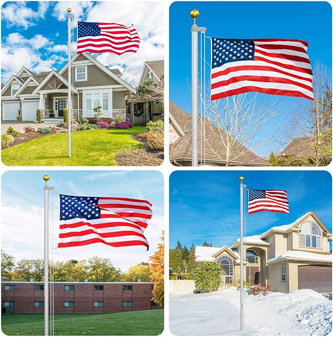 Flag Pole Kit 20FT, 12 Gauge 1.8mm Thickness Heavy Duty Flag Poles with 3x5 American Flag, Silver Flag Pole for Outdoor House In Ground, Extra Thick Flagpoles Suitable for Yard and Garden