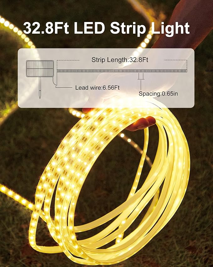 32.8FT 600LED Solar LED Strip Lights Outdoor, Solar Outdoor String Lights, Upgarde Solar Rope Lights with Timer Remote Auto ON/Off for Step, Stair, Deck, Fence, Patio,Yard Decor(Warm White, 32.8 FT)