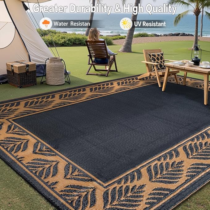 8x10 Patio Waterproof Outdoor Rug Outrside Camping Carpet RV Area Rug Reversible Brown Rugs for Deck Entryance Porch Picnic Balcony Beach