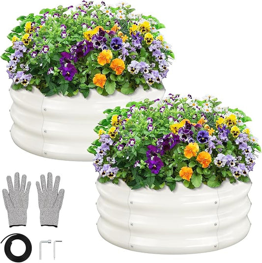 GreatBuddy 2x2x1 ft Round Galvanized Raised Garden Bed, Easy-Assembly Raised Bed with Anti-Cut Gloves & Tools, Rust-Proof Garden Bed for Outdoor, Vegetables, Herbs, Small Trees, White