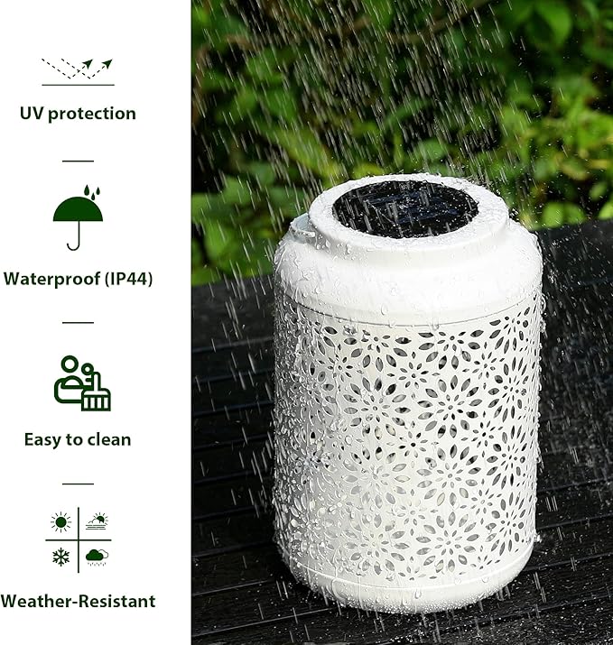 Glitzhome Solar Lantern White Metal Cutout Flower Outdoor Hanging Solar Light with Handle for Garden Patio Yard Outdoor Decor