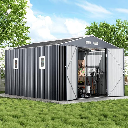 12x10 FT Metal Sheds & Outdoor Storage: Heavy Duty Garden Sheds with Dual Transparent Panels, DIY-installable Windows & Lockable Doors, Weatherproof Tool Shed for Backyard, Garden, Patio, Grey