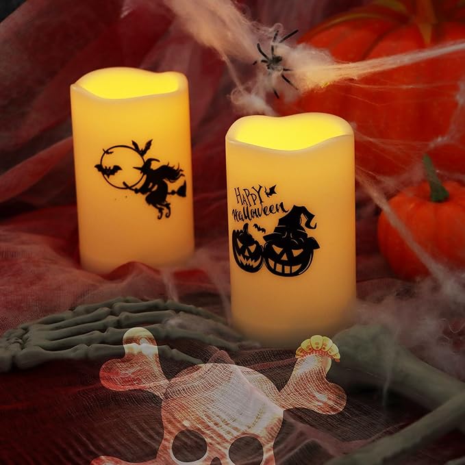 Halloween Outdoor Battery Operated Flameless Pillar Candles with Auto Daily Timer Waterproof Realistic Flickering Electric LED Lights with Pumpkin Witch Decals Halloween Decorations 2 Pack 3X5”