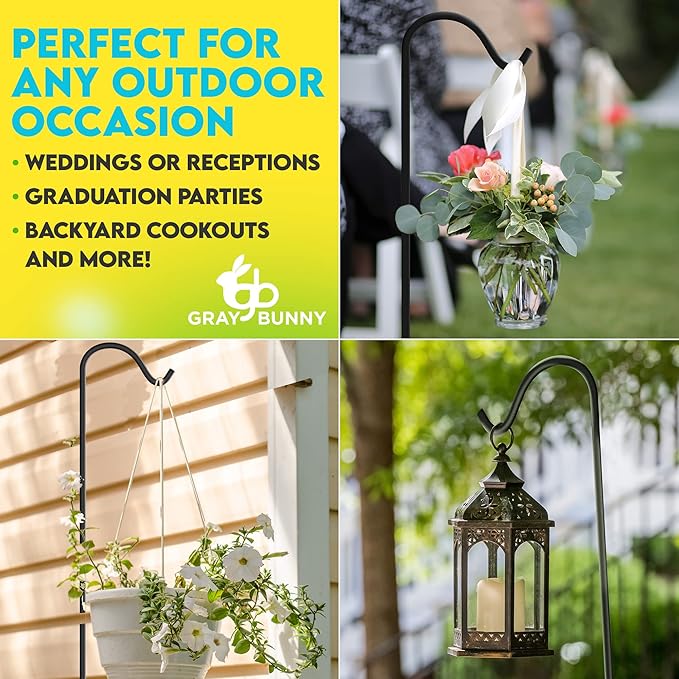 Gray Bunny 65" Shepherds Hooks for Outdoor 1 Pack, Thick Bird Feeder Pole, Hanging Plant Stand, Shepherds Hook for Bird Feeder, Non-Hollow, Non-Adjustable, Extra Long Base Prongs