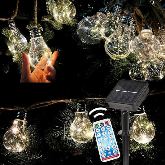 30FT Solar String Lights Outdoor Waterproof with Remote, 20 Edison Shatterproof Bulbs String Lights for Outside, Hemp Rope Solar Powered Lights with 8 Modes for Fence Tree Cafe Bistro Party