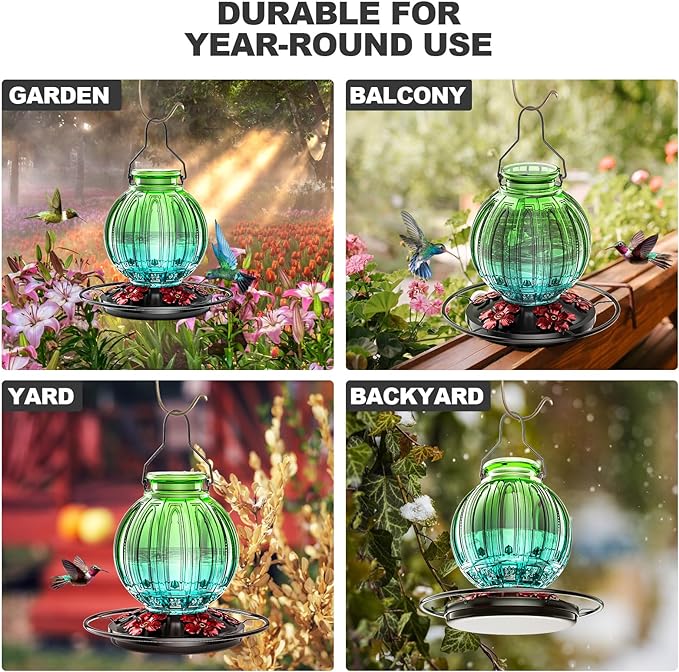 Glass Hummingbird Feeder for Outdoors Hanging, Bird Nectar Feeder with Perch & 5 Flower Feeding Ports, 26 Oz Leak Proof for Outside Garden Decor Backyard, Gifts for Women Mom, Green & Blue