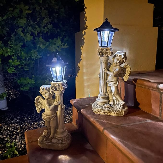 Angel Statue with Solar Lights (Right) 19.7 Inch, Outdoor Solar Angel Garden Statue with Roma Pillar for Garden Lawn Deocr, Christian Religious Gift